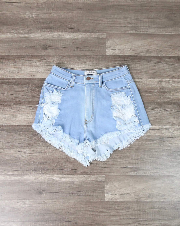 High Waisted Distressed Denim Shorts in Light Wash