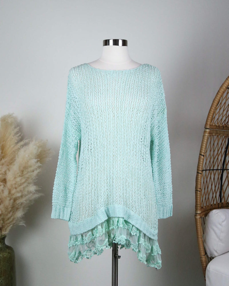 lace trim - tunic- sweater - crochet - knit - cover up - mint