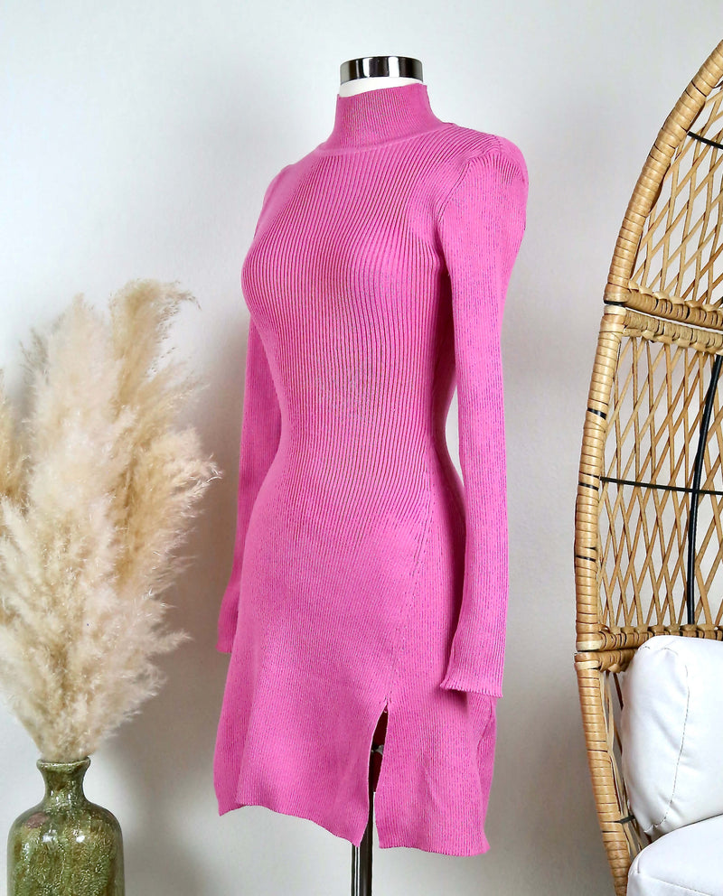 All The Rumors Are True Long Sleeve Ribbed Sweater Dress in Magenta