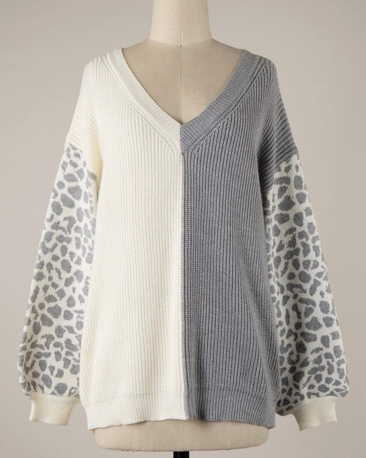 Animal Print Sleeve Color Block Cable Knit Sweater in More Colors