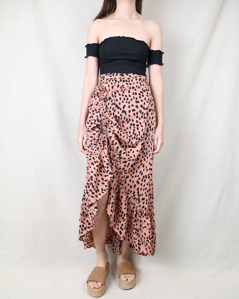 Animal Print Side Ruched Maxi Skirt in Rust