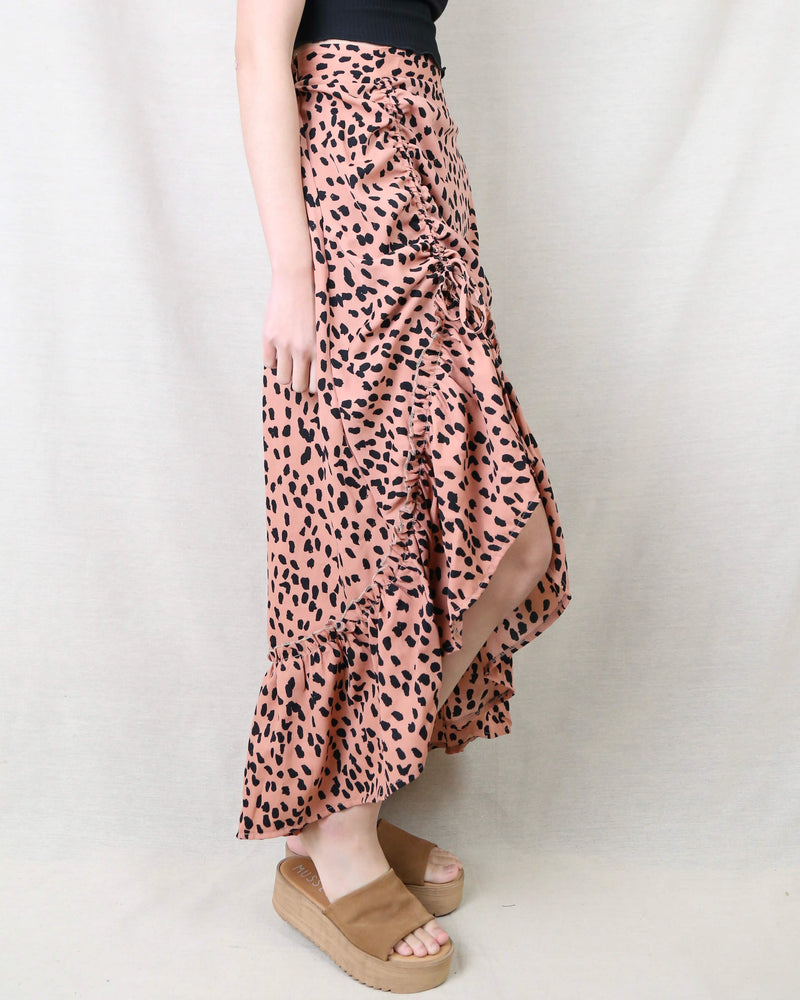 Animal Print Side Ruched Maxi Skirt in Rust
