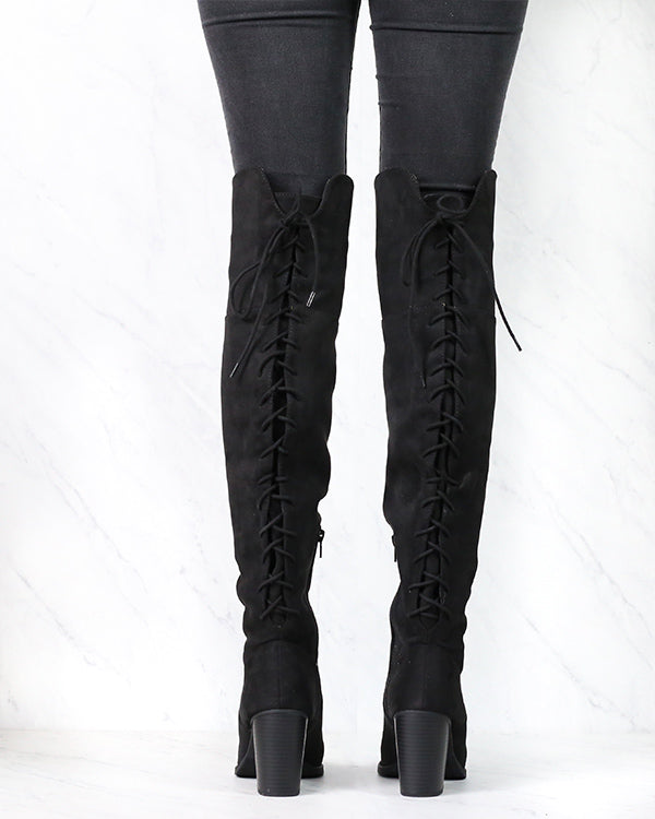 Soda Aspire Lace-Up Over The Knee Boot Black Faux Suede โ Shop Hearts