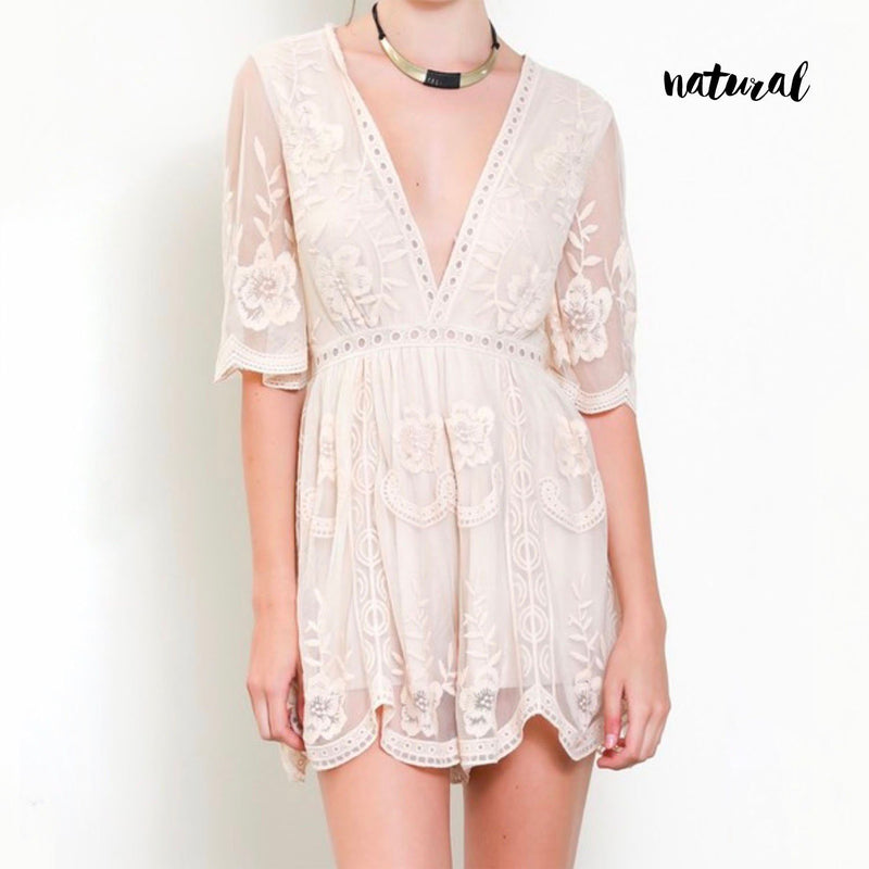 as you wish wild honey honey punch SHORT SLEEVE EMBROIDERED DEEP V LACE ROMPER NATURAL