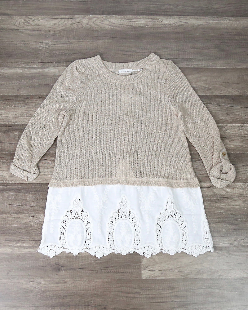 Knit Sweater With Embroidered Lace Hem in Natural