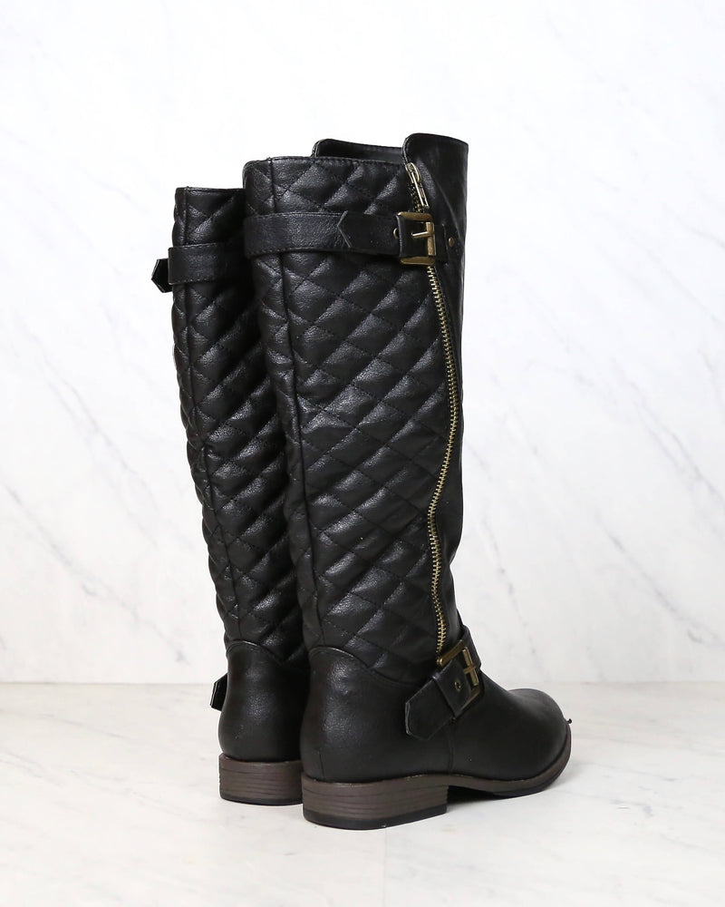 Tall Quilted Riding Boot with Buckle Detail in Black