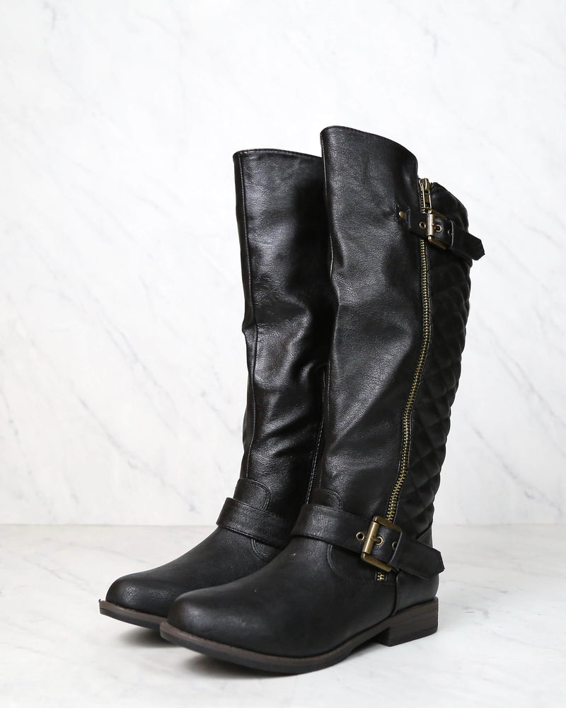 Tall Quilted Riding Boot with Buckle Detail in Black