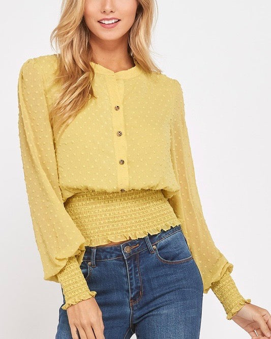 Swiss Dot Button Down Sheer Sleeve Blouse with Smocked Waist in Yellow Lime