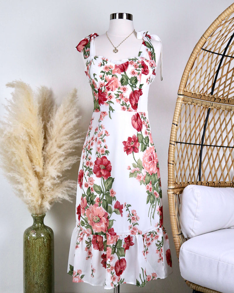 midi dress - floral - tie straps - ruffle trim - multi - red/white
