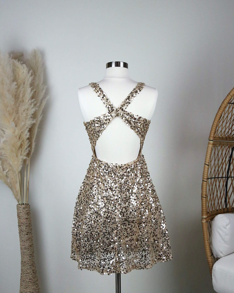 Bedazzling Sparkly Sequin Mini Dress in Gold