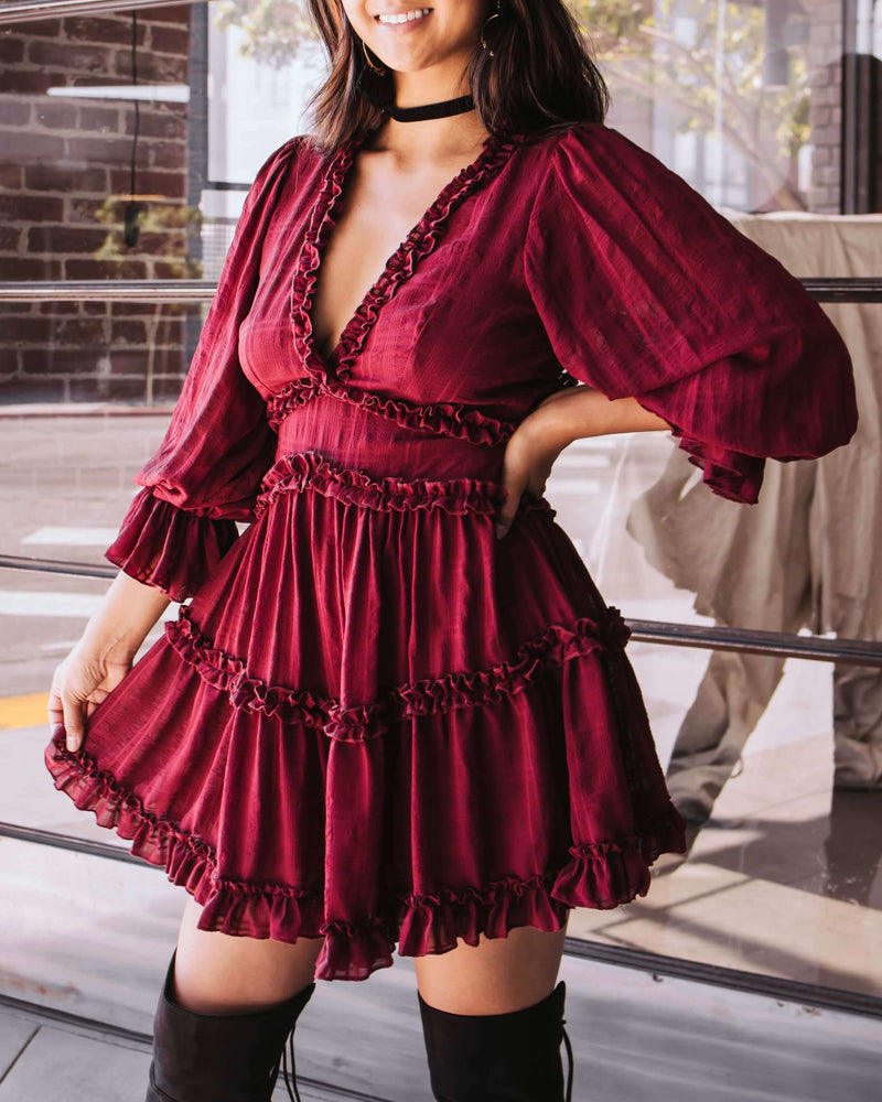 Bell Sleeve Cut Out Ruffled V-Neck Dress in More Colors