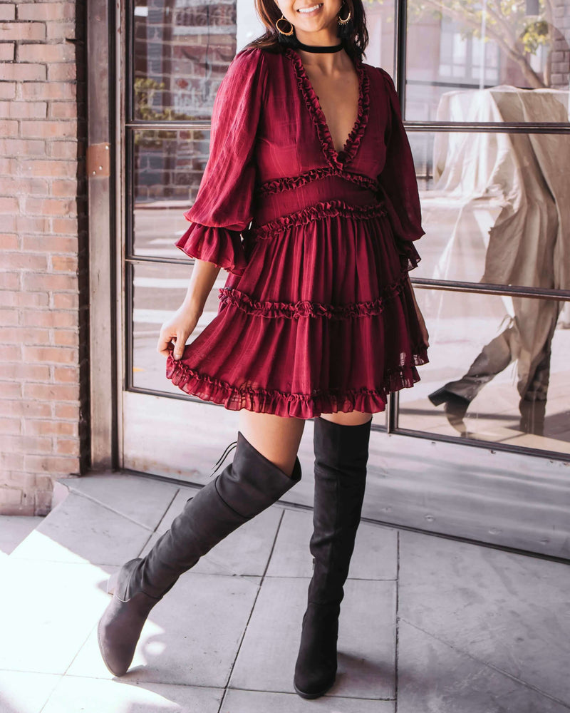 Bell Sleeve Cut Out Ruffled V-Neck Dress in More Colors