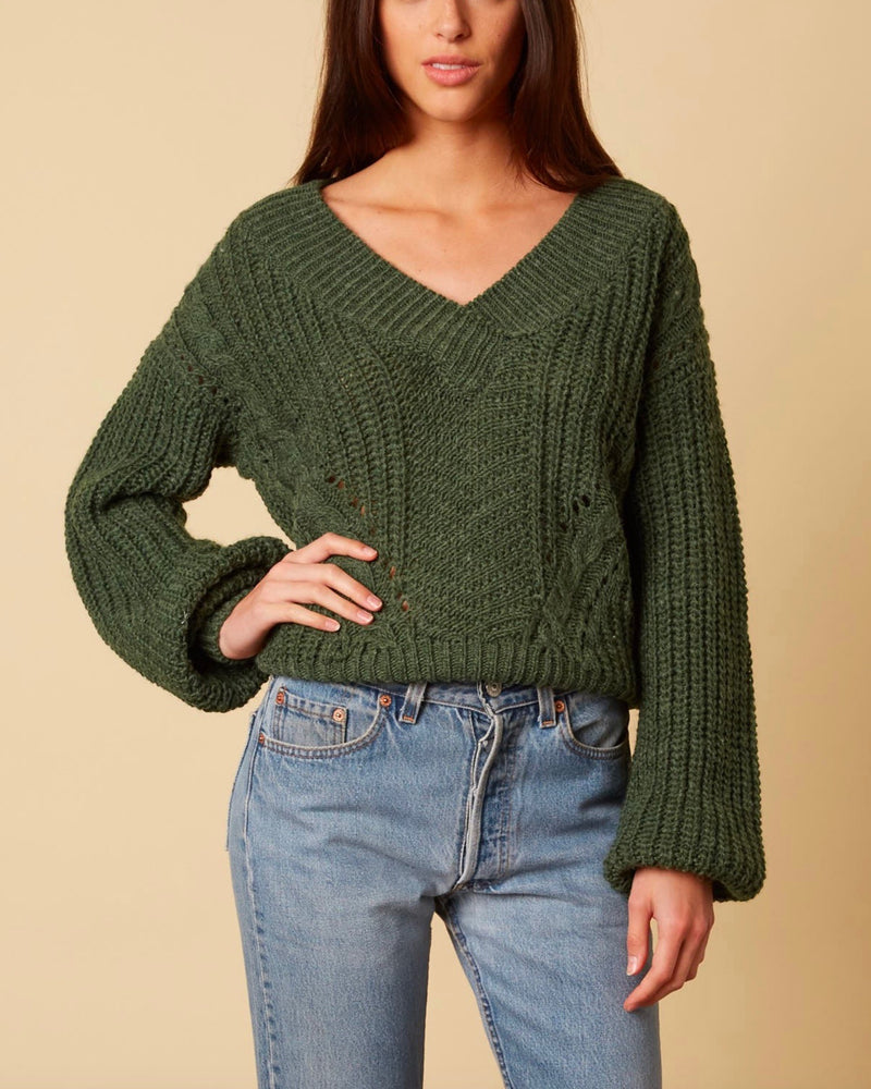 Final Sale - Better Now - Ribbed Trim Bishop Sleeve Sweater - Forest Green