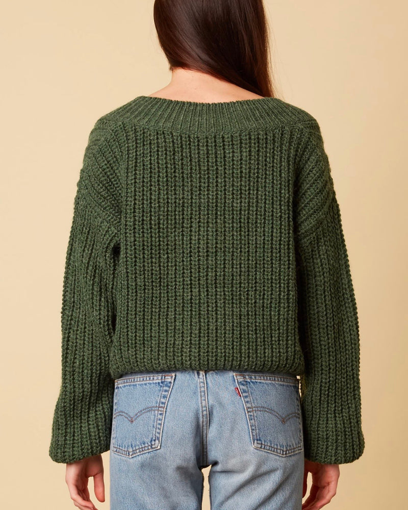 Final Sale - Better Now - Ribbed Trim Bishop Sleeve Sweater - Forest Green