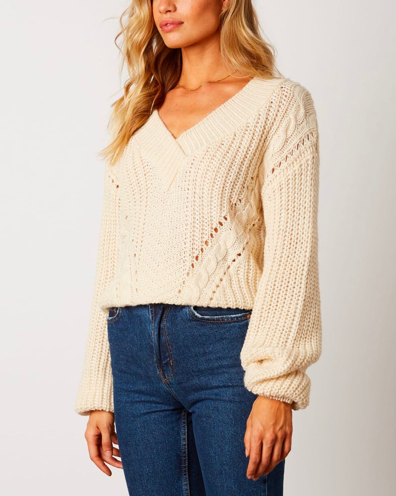 Final Sale - Better Now - Ribbed Trim Bishop Sleeve Sweater - Ivory