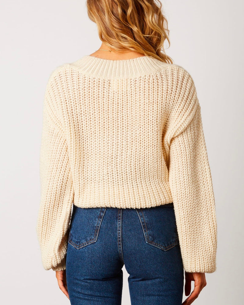 Final Sale - Better Now - Ribbed Trim Bishop Sleeve Sweater - Ivory