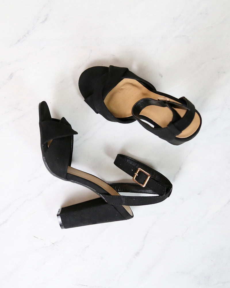 Black Suede Front Knot Ankle Strap Heels