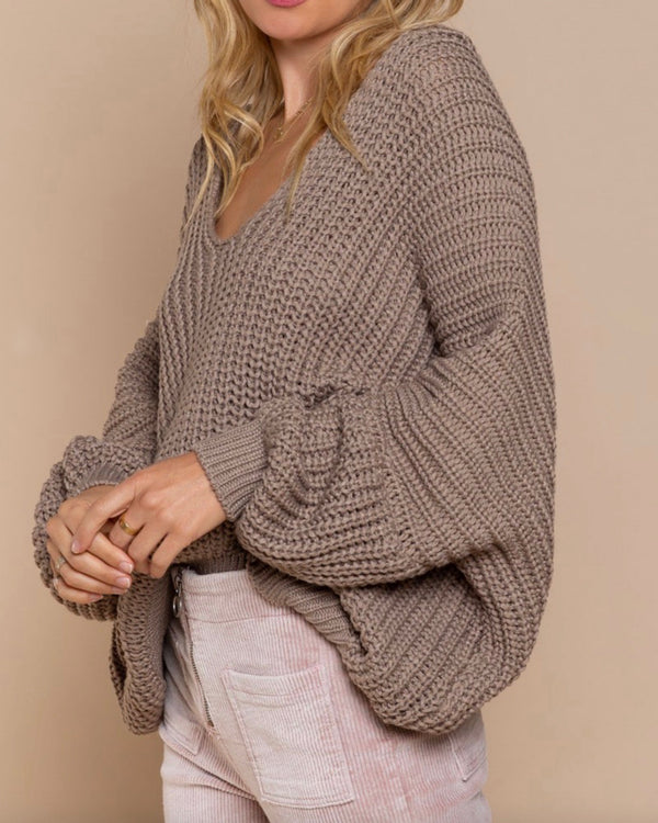 Cable Knit Deep V Neck Dolman Sleeve Sweater in Cocoa