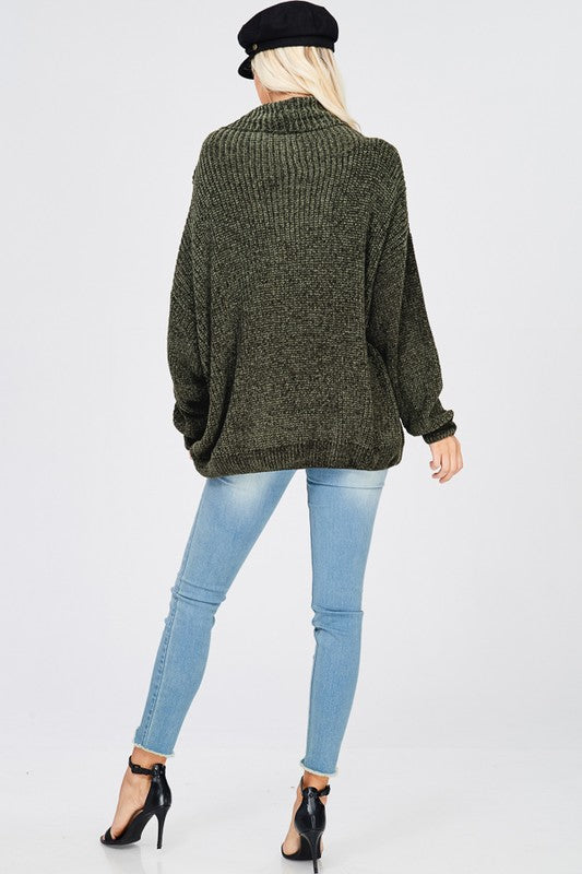 Chenille Turtleneck Knitted Pullover Sweater in Olive