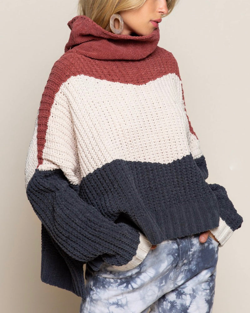 Color Block Rib Textured Turtle Neck Sweater In Ginger Rose Multi