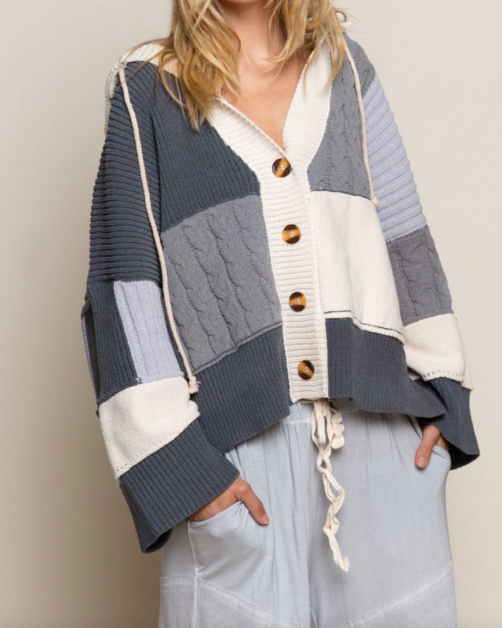Color Block Weave Sweater Knit Cardigan in Charcoal Multi – Shop Hearts