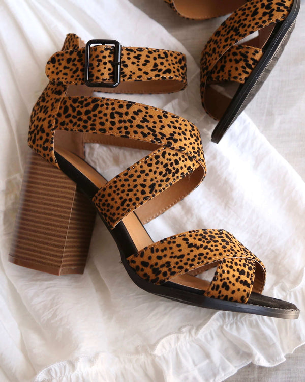 Wild Night Out Textured Suede Open Toe Strappy Sandals in Camel/Black Leopard