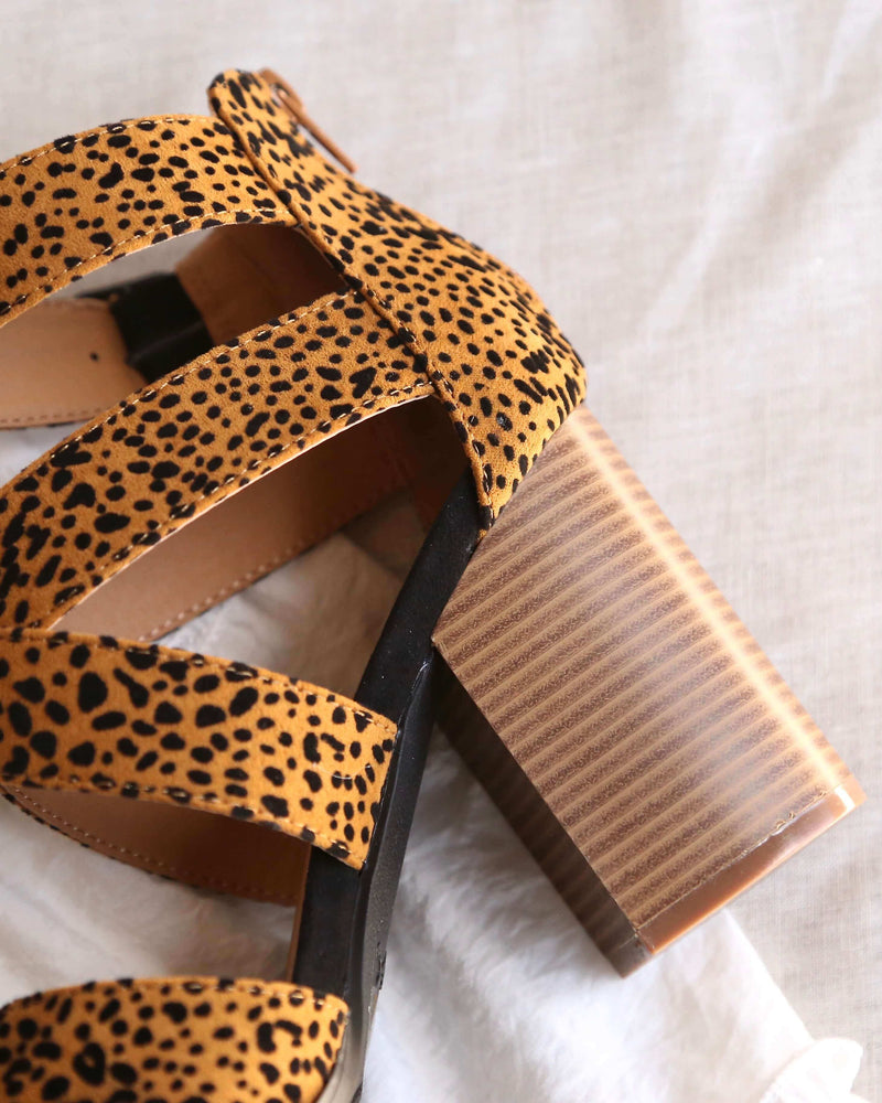 Wild Night Out Textured Suede Open Toe Strappy Sandals in Camel/Black Leopard