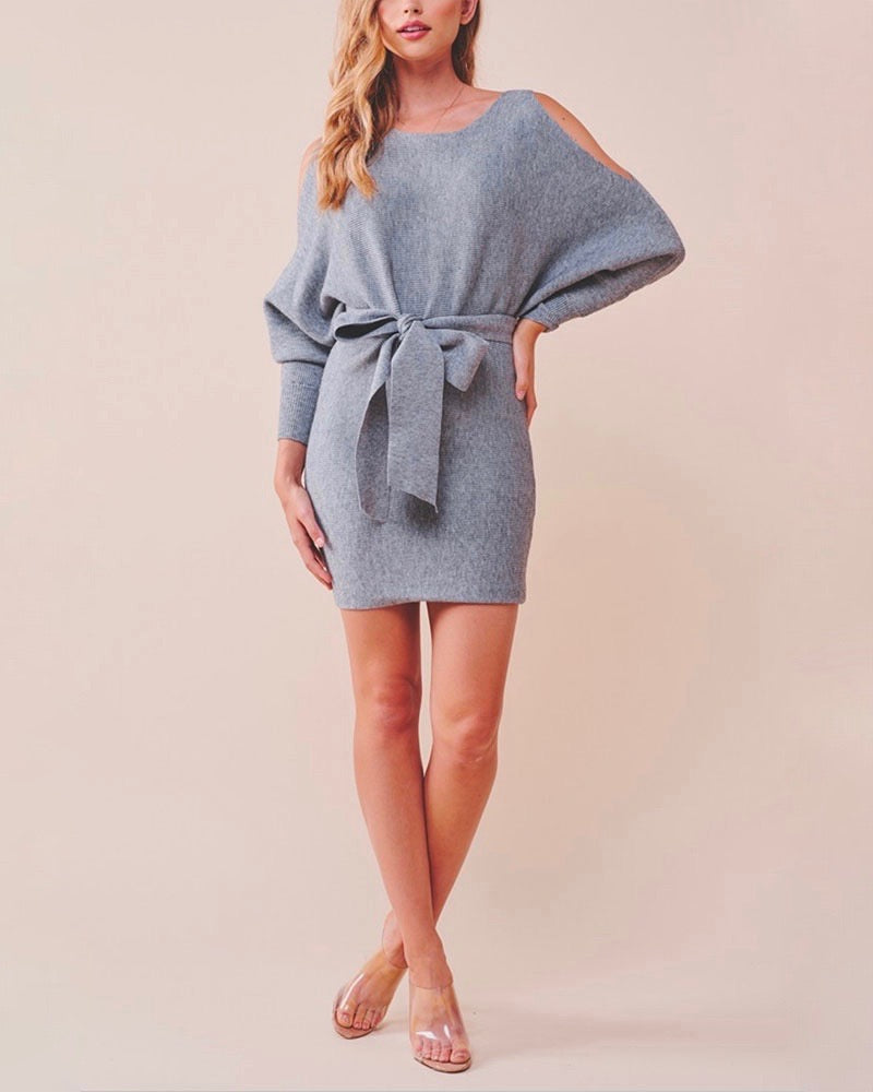Cold Shoulder Front Tie Knit Sweater Dress in More Colors