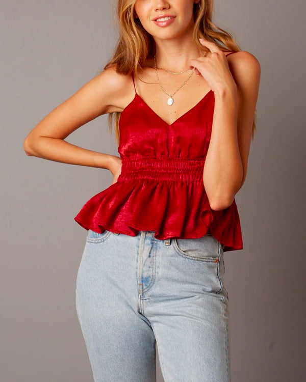 Cotton Candy LA - Open Back Empire Waist Satin Top with Ruffle Trim