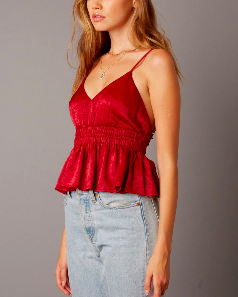 Cotton Candy LA - Open Back Empire Waist Satin Top with Ruffle Trim