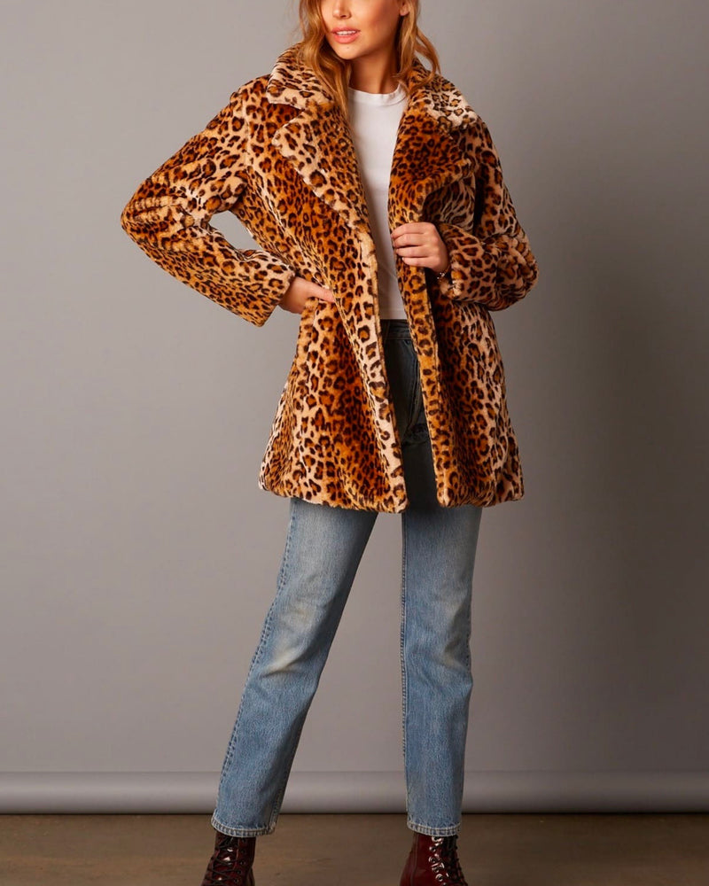 Cotton Candy LA - Selena Open Collar Faux Fur Coat in Brown/Leopard