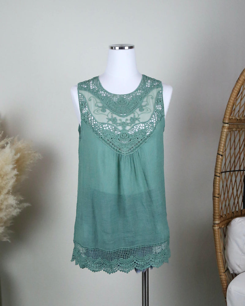 Crochet Lace Gauzy Sleeveless Tank Top in Jade