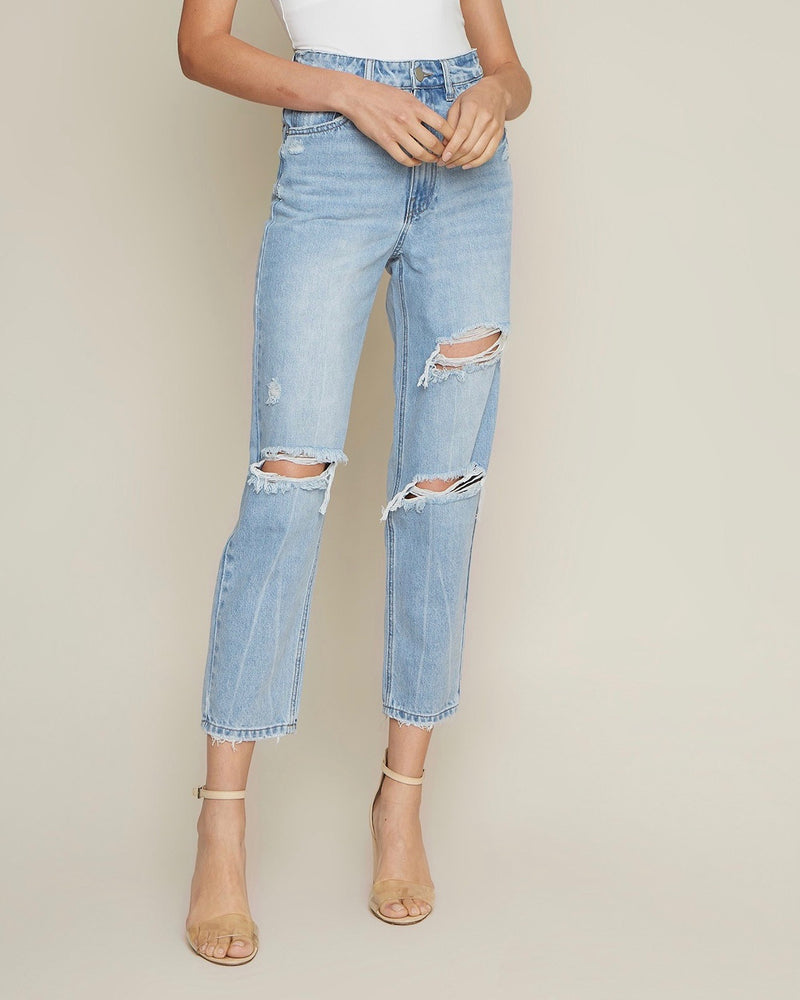Thalia Distressed High Waisted Denim Mom Jeans in Light Wash