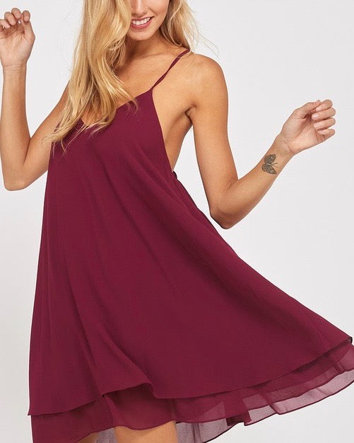 Essential Double Layered V-Neck Sleeveless Dress in Burgundy