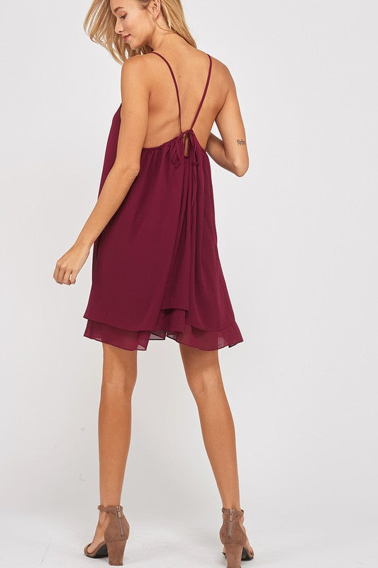 Essential Double Layered V-Neck Sleeveless Dress in Burgundy