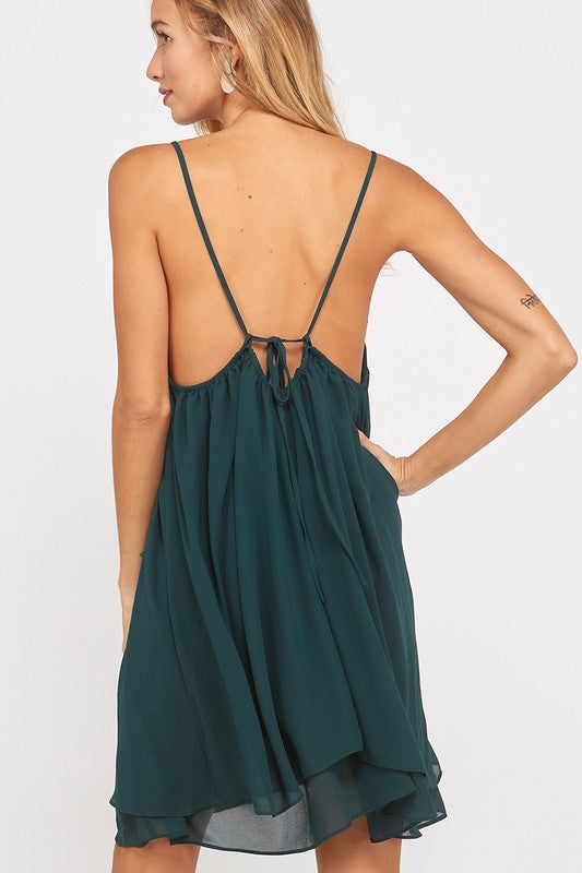Essential Double Layered V-Neck Sleeveless Dress in Hunter Green