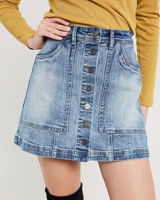 Denim Washed Front Button Down Mini Skirt