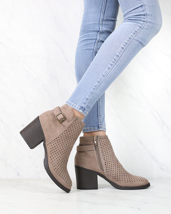 Diamond Perforated Back Buckle Faux Suede Ankle Bootie in Light Taupe