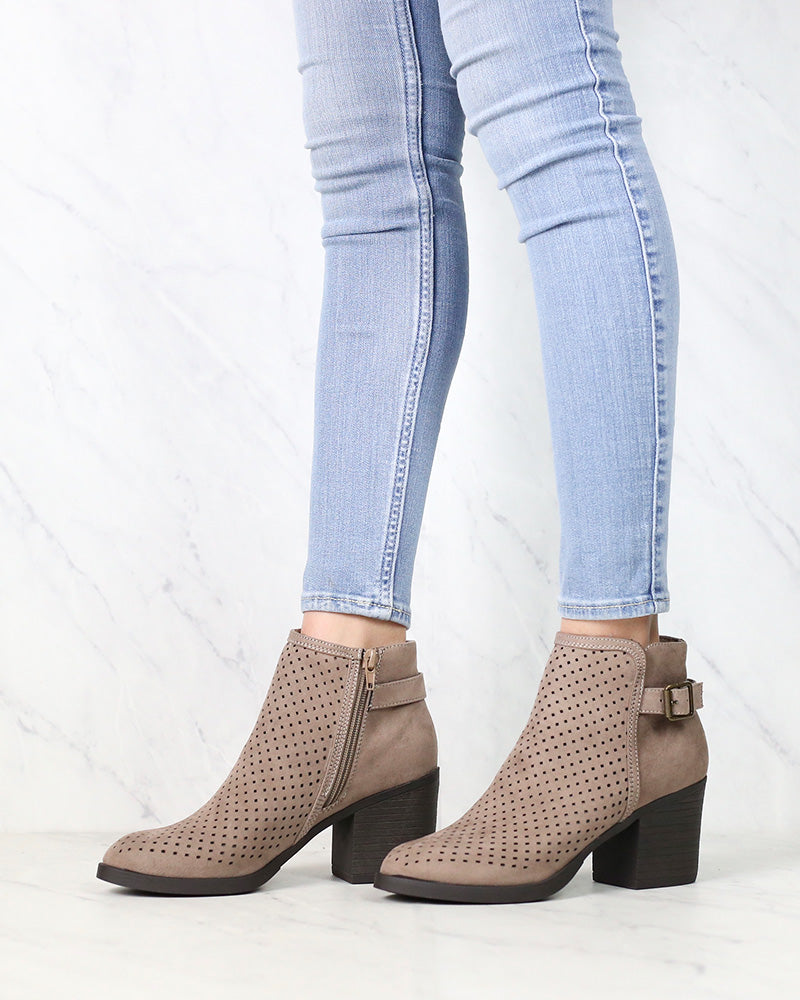 Diamond Perforated Back Buckle Faux Suede Ankle Bootie in Light Taupe