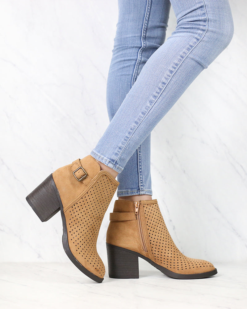 Diamond Perforated Back Buckle Faux Suede Ankle Bootie in Tan