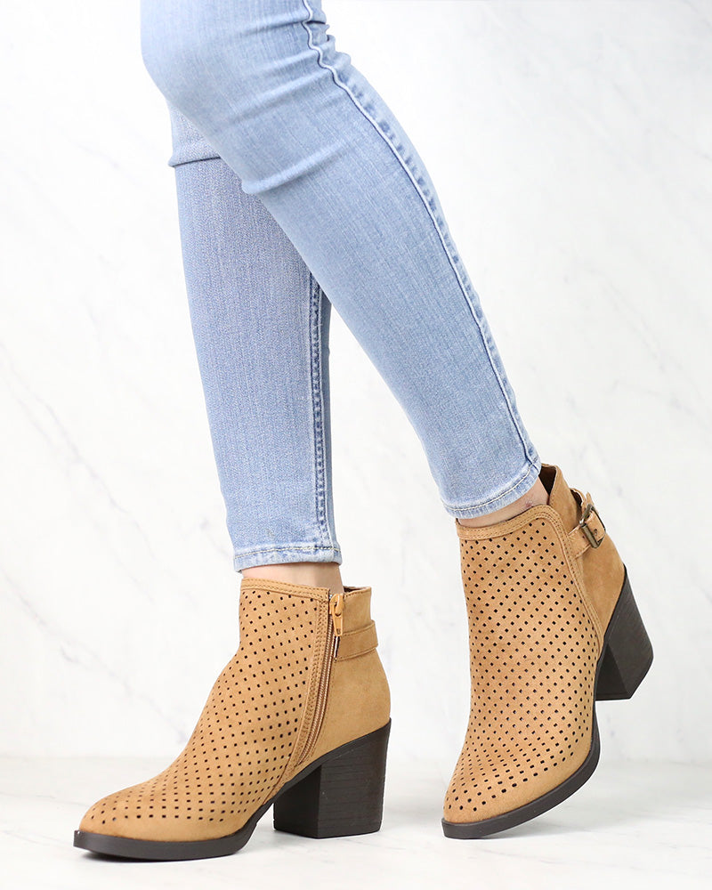 Diamond Perforated Back Buckle Faux Suede Ankle Bootie in Tan