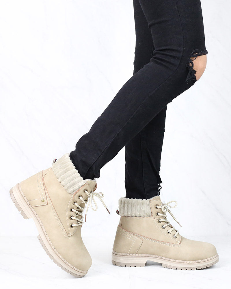 Dirty Laundry - Alpine Cozy Sweater Cuff Ankle Lug Boots in Stone