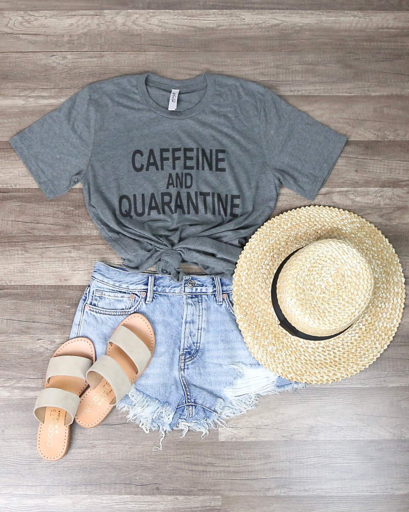 Distracted - Caffeine and Quarantine Funny Graphic Tee in Gray