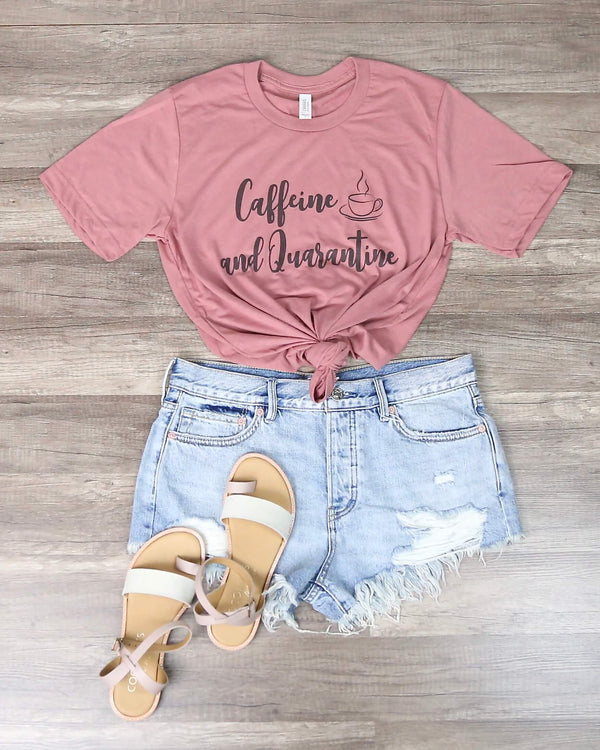Distracted - Caffeine and Quarantine Funny Graphic Tee in Pink