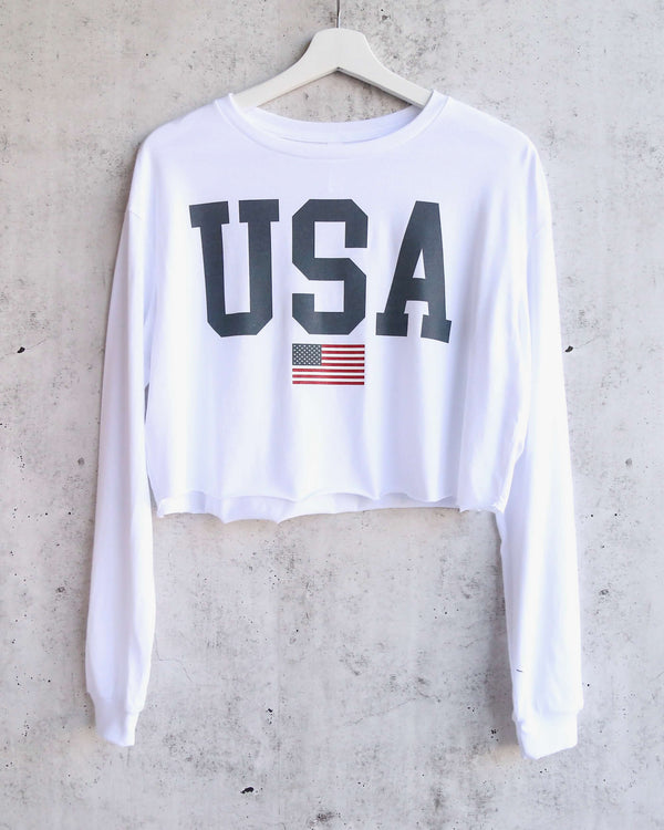 Distracted - USA Graphic Women's Cropped Long Sleeve Tee - White