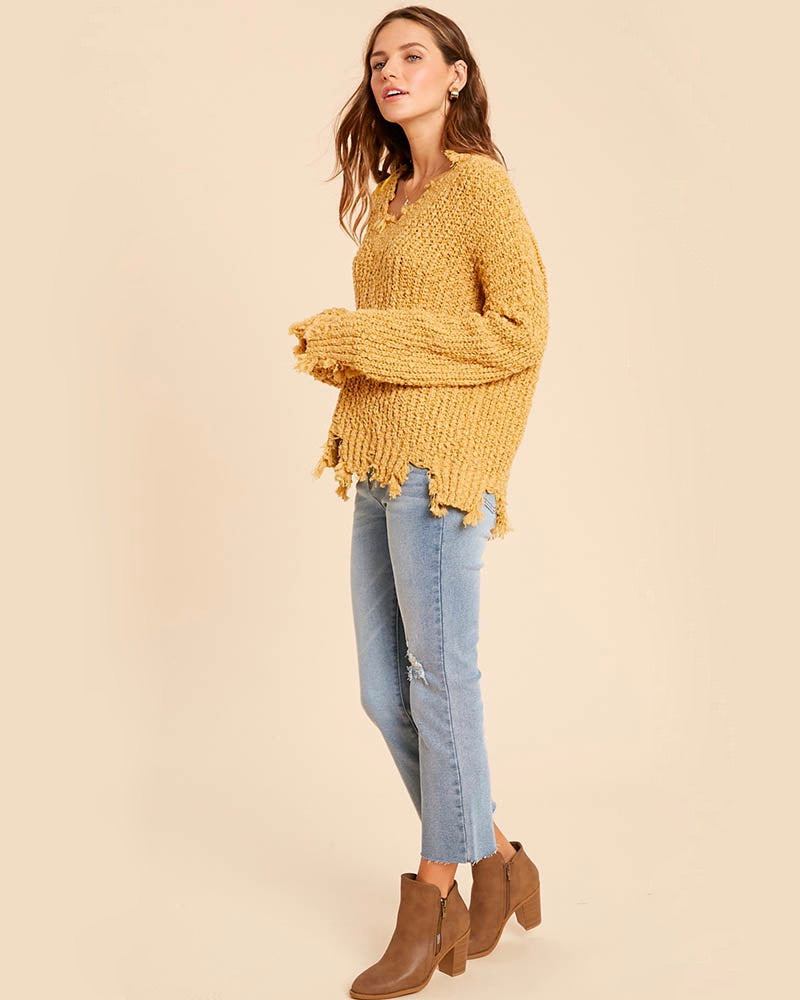 Distressed Hem Popcorn Yarn Knit V-Neck Sweater - Mustard