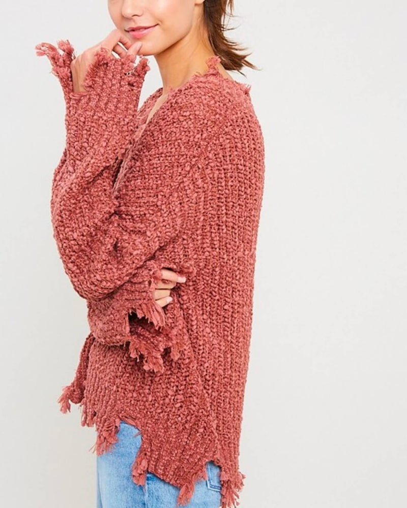 Distressed Hem Popcorn Yarn Knit V-Neck Sweater - Brick
