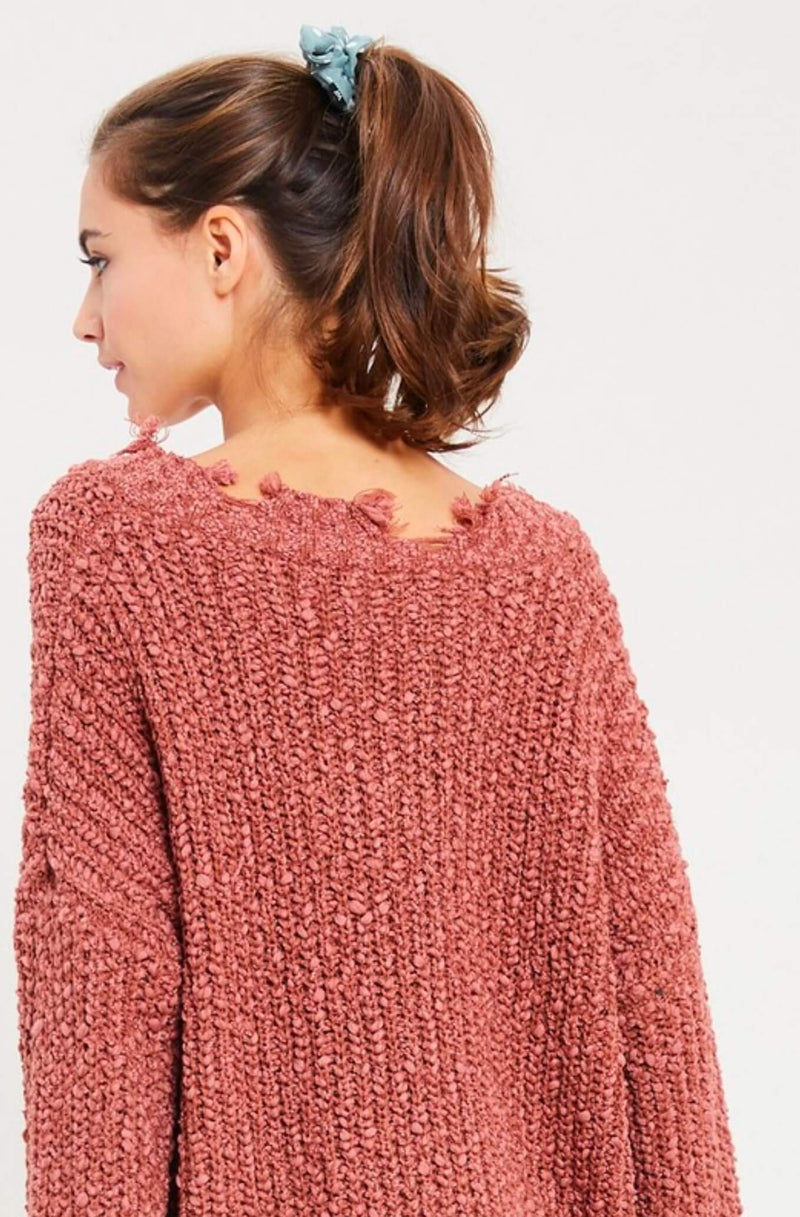 Distressed Hem Popcorn Yarn Knit V-Neck Sweater - Brick