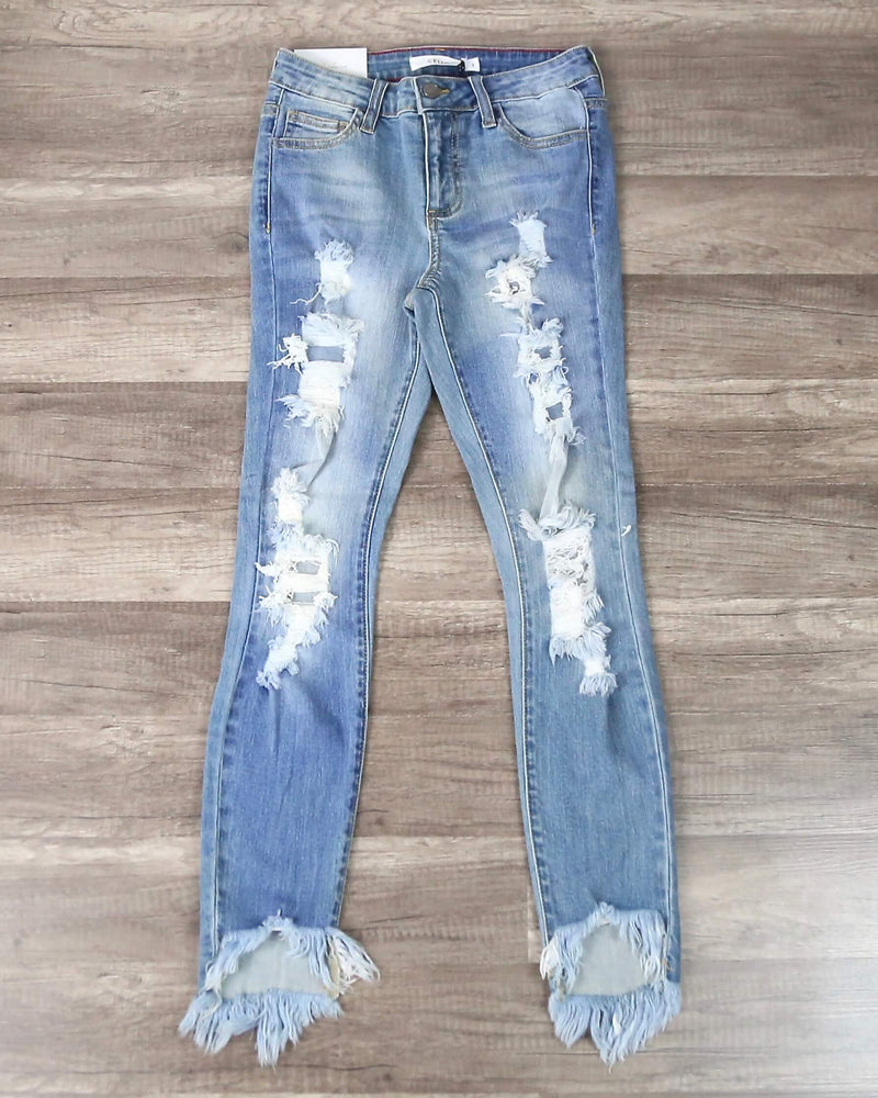 Stevie Destroyed Light Denim Wash Jeans with Frayed Hem