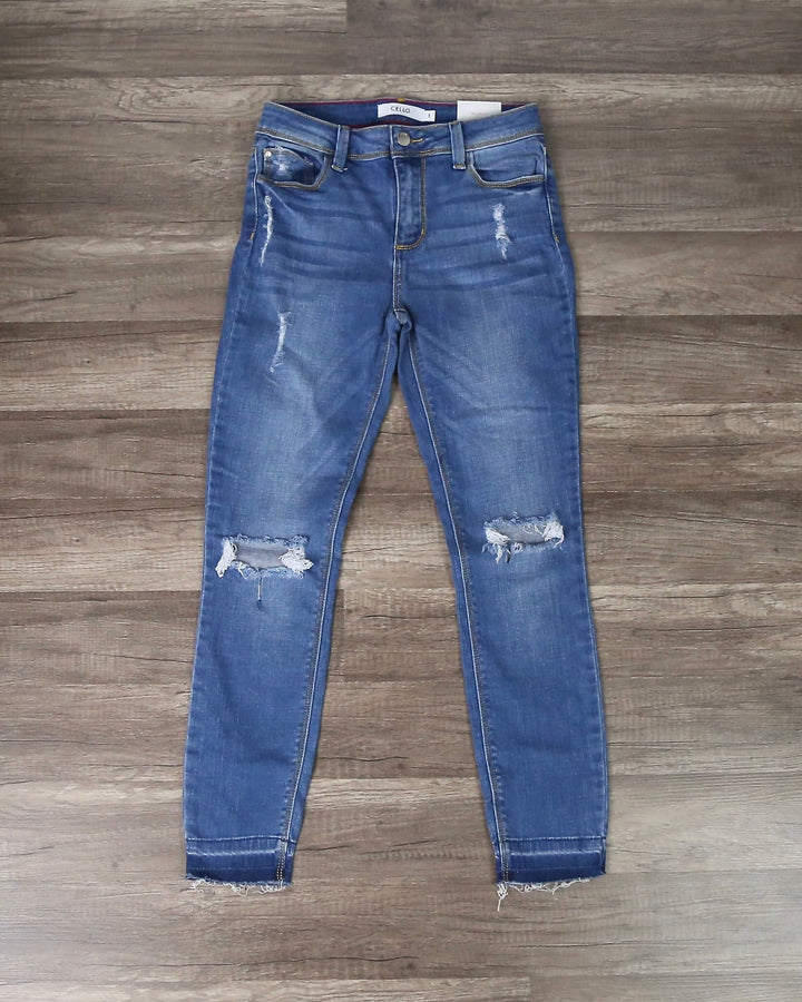 Final Sale - Cello - Mid Rise Crop Skinny with Knee Rips - Medium Wash
